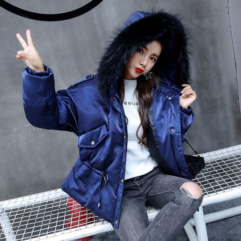 Autumn Winter Women's Cotton Jacket Hooded Parkas with Fur Collar Casual Drawstring Thick Shiny Winter Jacket