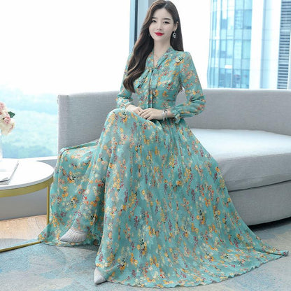 Jacquard V-neck Long-sleeved Dress Spring and Autumn Style Temperament Waist Slimming Slim Bow Long Dress Women's Fabric Light and Breathable