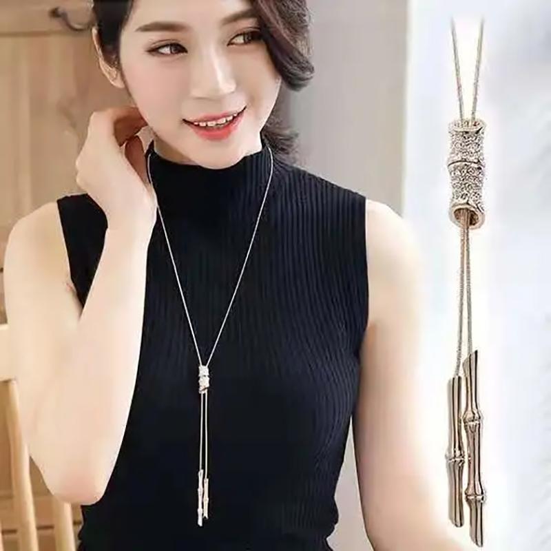 Women's Sweater Necklace Pendant Necklace Diamond Bamboo Necklace Long Clothes Decorative Chain Personalized Ornaments Mom Daughter Gifts Jewelry