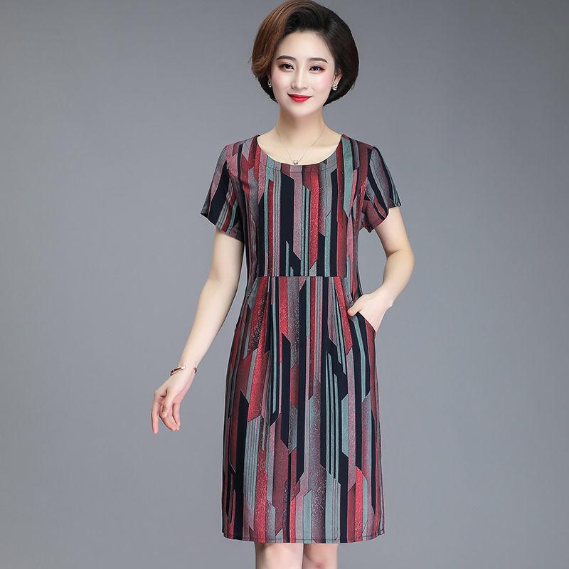 Women Summer XL-XXXXXL Plus Size Mid-length Printed Dress Short Sleeve A-line Knee-length Round Neck Pocket