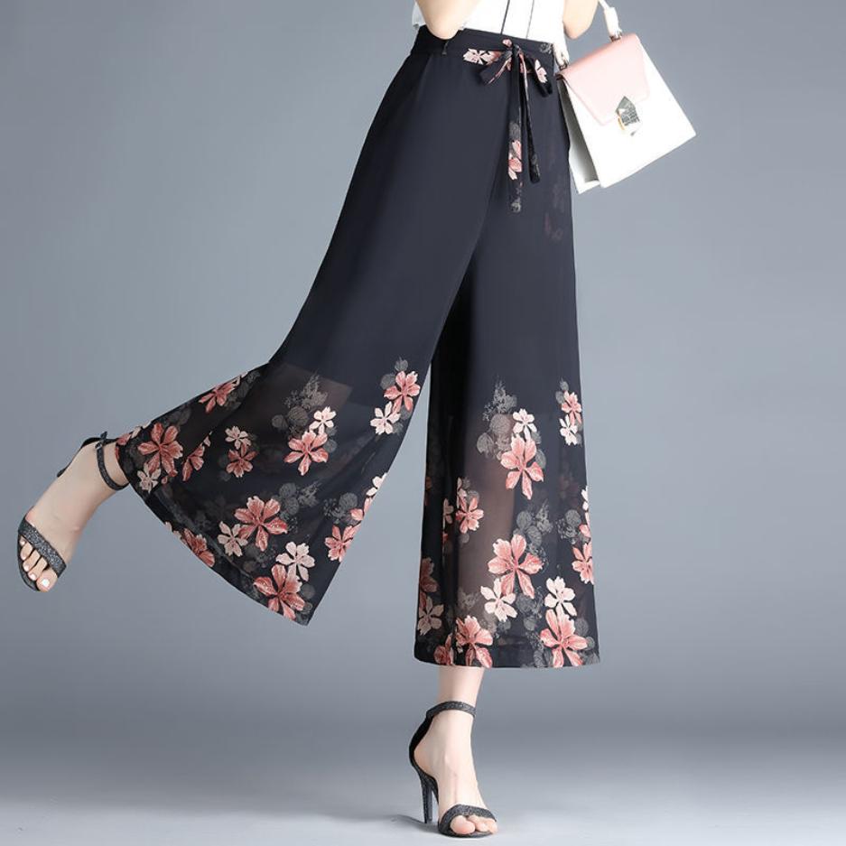 Summer Women's Pants Loose Nine Points Large Size Slim Women's Drapey High Waist Chiffon Wide Leg Pants