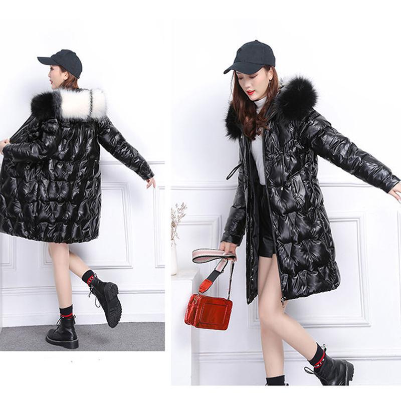 Women's Glossy Loose Down Jacket Mid-length Korean Thick Coat Warm Cotton Coat with Big Fur Collar Winter Quilted Jacket