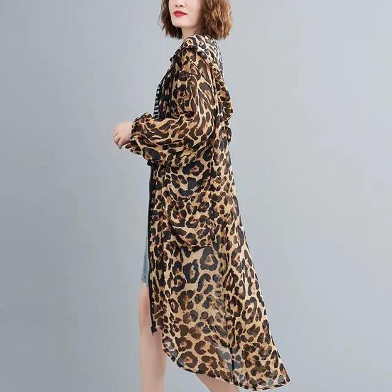 WTEMPO Large Size Chiffon Leopard Print Coat Long-sleeved Irregular Mid-calf Length Sun Protection Clothing Zipper Hooded