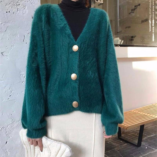 New Imitation Water Velvet Lazy Loose V-neck Net Red Sweater Knit Cardigan Button Coat Female