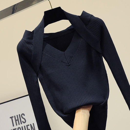 Autumn Slim V-neck Pullover Sweater Feminine Halter Neck Off-shoulder Knit Sweater Top Stretch Knitwear jumper