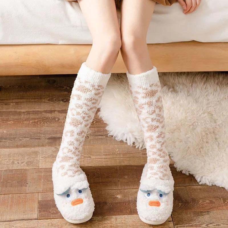 3 Pairs of Leopard-print Coral Fleece Socks Women's Calf Socks Furry Winter Sleep Socks Plus Velvet Thick Warm Stockings