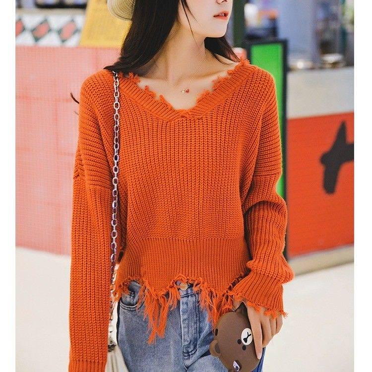 Loose Casual Solid Color Irregular Sweater Fashion Chic Tassel V-neck Long-sleeved Knit Pullover