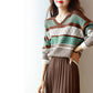 Sweater Women Stitching Printing V-neck Pullover Knitwear Korean Loose Fluffy Top Striped Sweater Autumn and Winter Fashion
