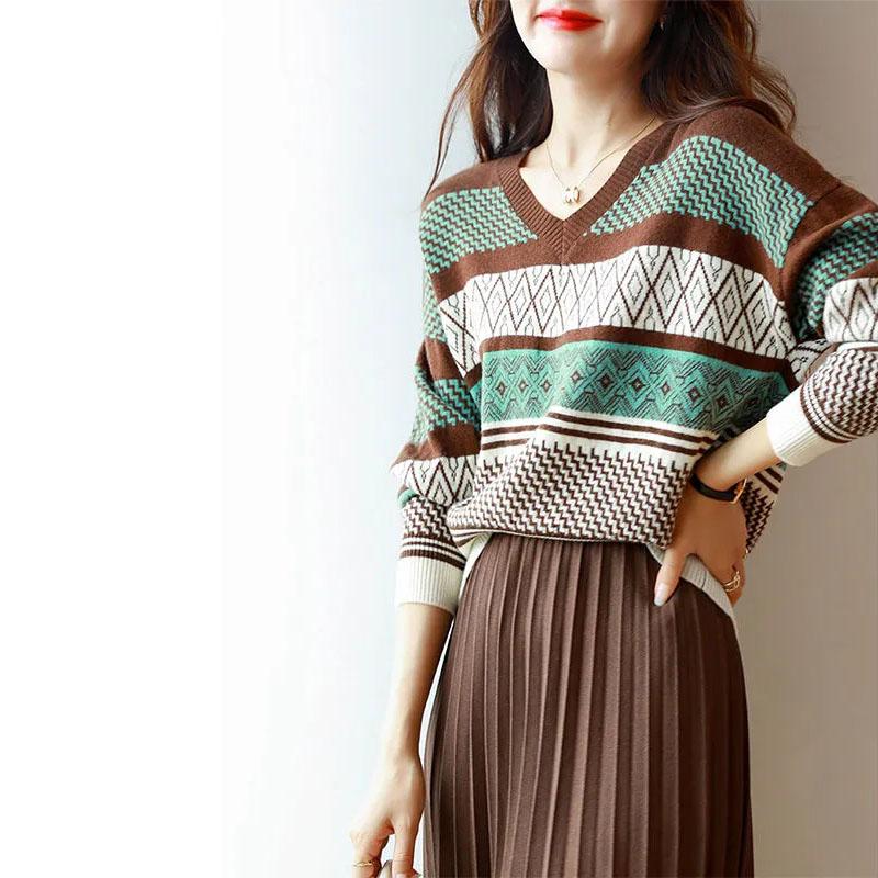 Sweater Women Stitching Printing V-neck Pullover Knitwear Korean Loose Fluffy Top Striped Sweater Autumn and Winter Fashion
