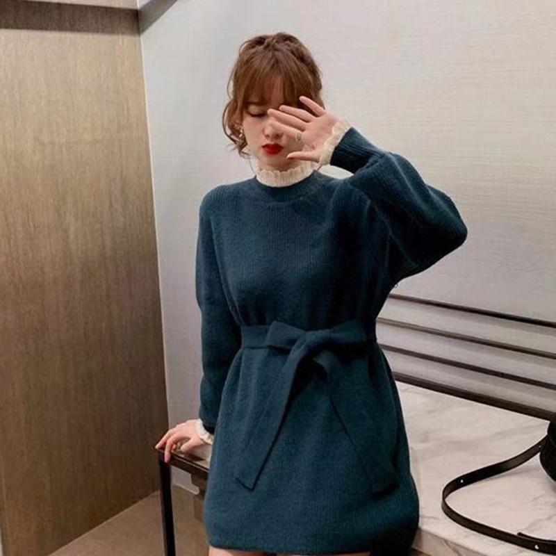 Autumn and Winter Korean Mid-length Red Knitted Sweater Women's Waist Lace Fake Two-piece Blouse