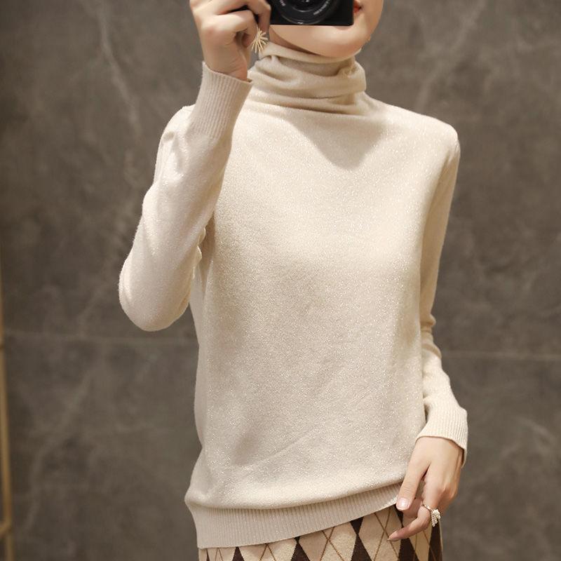 Women Solid Shiny Lurex Sweaters Autumn Winter ladies Long Sleeve Pullover Tops Heaps Collar knit Sweater
