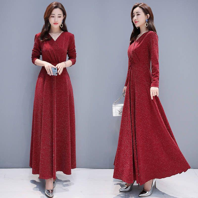 Women Elegant Bright Silk  Dress V-Neck Female Casual Solid Long Sleeve Pleated Vintage Dress