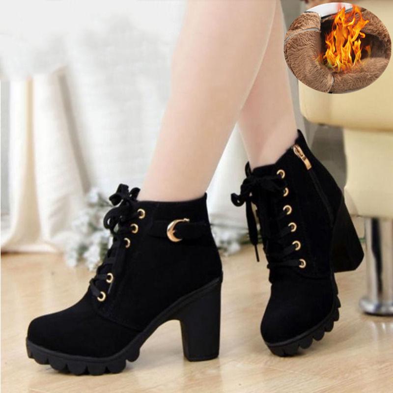 Plus Size 35-41 Winter Casual Women Pumps Warm Ankle Boots High Heels Snow Martin Shoes Botas  Muje