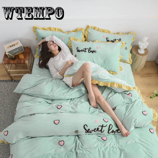 Coral Velvet 4pcs Winter Flannel Thickening Warm Bedclothes Queen King Bedsheets Quilt Cover