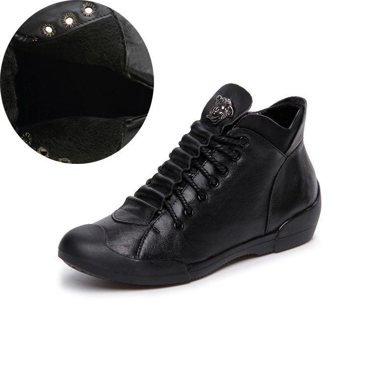 Women's Medieval Vintage Genuine Leather Boots Plus Velvet Flat Heel Boots Waterproof Slip on Shoes Ladies Winter Pointed Toe Ankle Boots