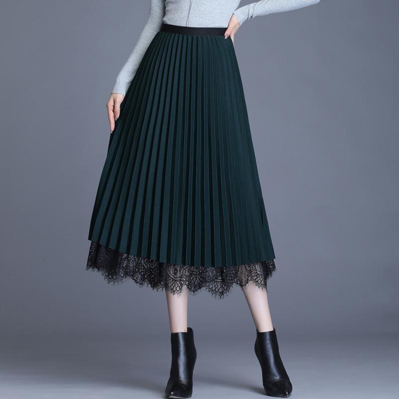 Wear on Both Sides Golden Velvet Yarn Printed Lace Skirt Woman's Mid-length Elastic Waist Pleated Skirt School Work Travel
