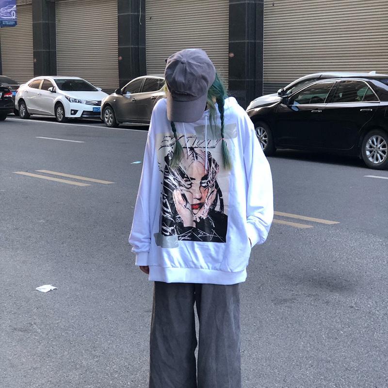 Women Sweatshirts Fashion Printed Streetwear Harajuku Hip Hop Pullover Black White Hoodies Oversized Loose Hooded Top Clothes Autumn Winter Girl Tops