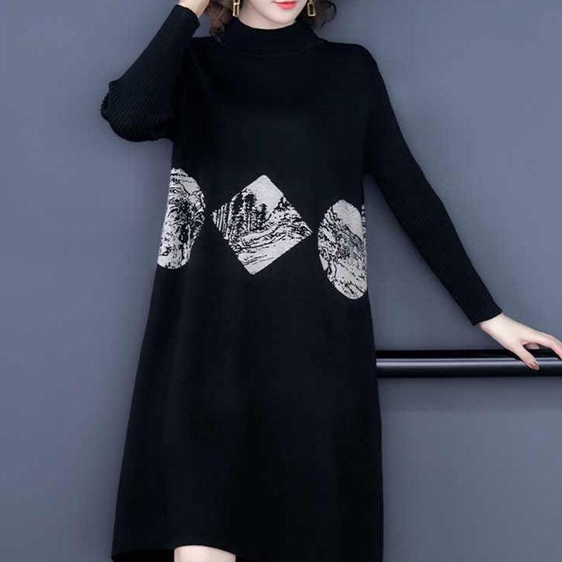 Autumn and Winter Plus Size Thick Sweater Half High Neck Loose Knit Top Mid-length Middle-aged Ladies Sweater Dress