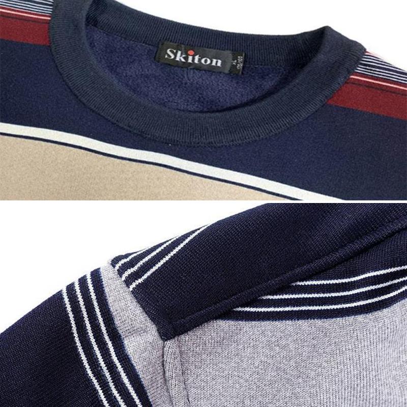 WTEMPO Men Pullover Winter Plus Velvet Thick Warm Sweater Round Neck Striped Pullover
