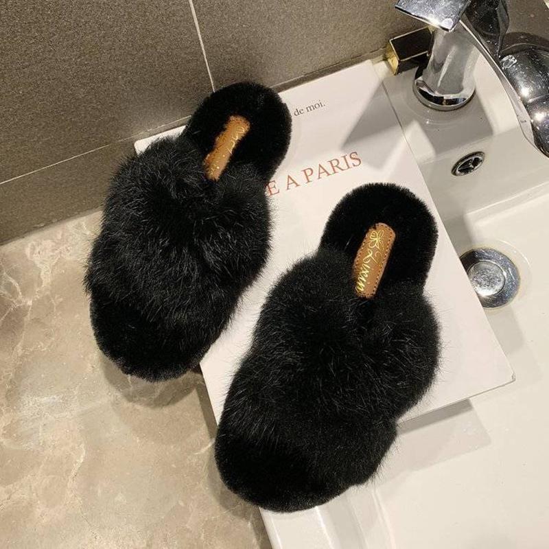 Outer Wear Fur Slippers Woman Made Rabbit Fur Cross Cotton Mop Home Warmth Cotton Mop Cute Warm Breathable and Comfortable