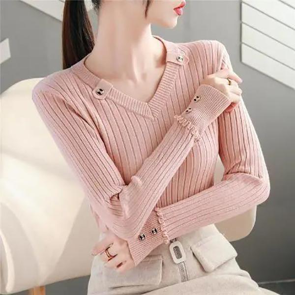 Women's V-Neck Knit Sweater Fashion Slim Solid Color Sweater Outer Wear Pullover