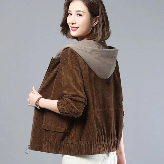 Corduroy Short All-match Hooded Loose Coat Women's Spring and Autumn Korean Plus Size Female Thin Top All Match Short Outerwear