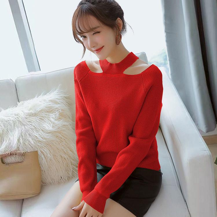 Spring and Autumn Hollow Halter Top Sexy Strapless Solid Color Base Shirt Women Round Neck Long Sleeve Comfortable Sweater