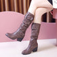 Leather Buckle High-heel Knee-High Boots Women's Leather High Boots Thick-heeled Knight Boots Plus Size 35-43 Cowboy Boots