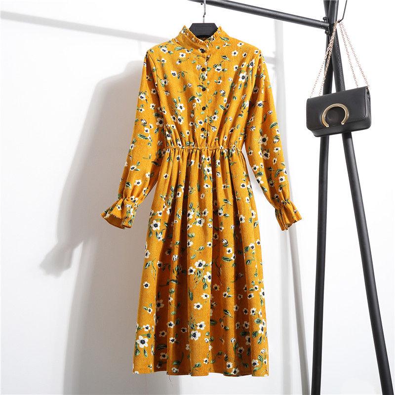 Autumn and winter stand collar floral dress long sleeves in the long section was thin floral skirt
