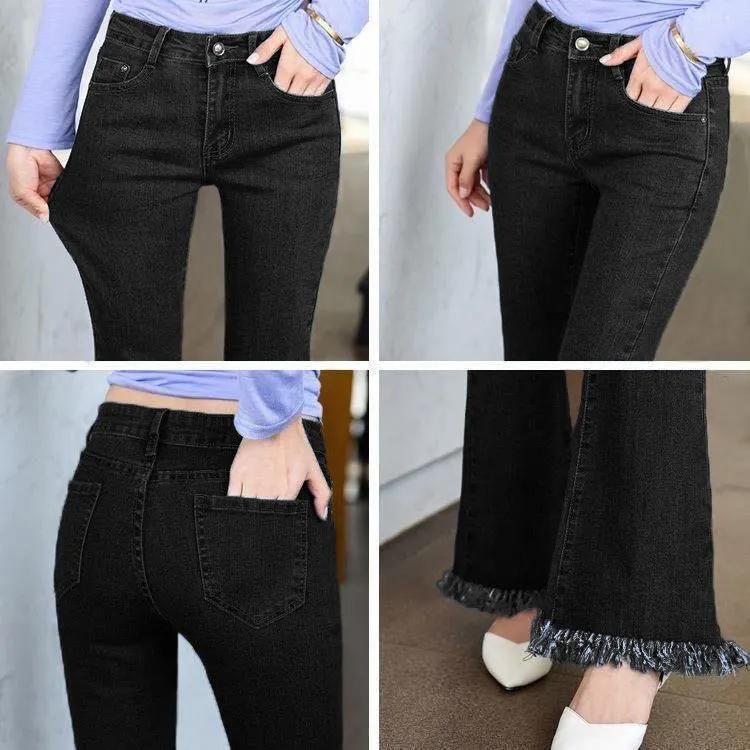 Slim Flared Denim Pants Women's Plus Size Denim Jeans Trousers Summer High Waist Sliming Fit Loose Tassel Denim Pants