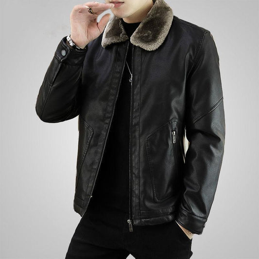 Leather Jacket Men's Winter Green Middle-aged Plus Velvet Thickening Men's Leather Jacket Jacket Fur One Parker Men's Clothing