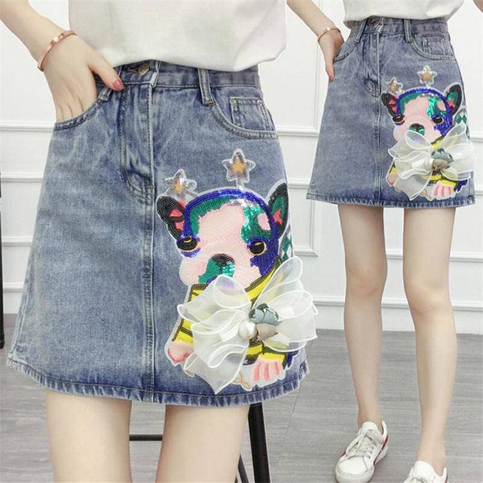 Pofulove S-5XL Women Irregular Cartoon Denim Skirt High Waist Slim Sexy A-line Package Hip Skirt