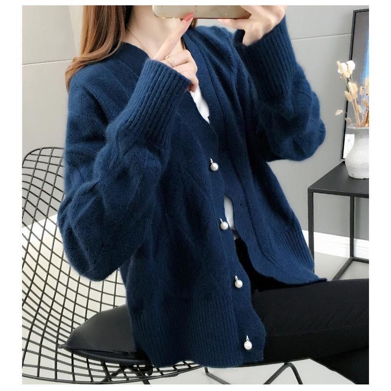 Autumn and Winter Loose Solid Color V-neck Sweater Long-sleeved Knitted Cardigan Jacket All-match Top