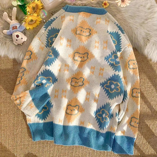 Bear Knitted Round Neck Pullover Lazy Wind Sweater Loose Korean Version Mid-Length Long-Sleeve Knitted Sweater for Women
