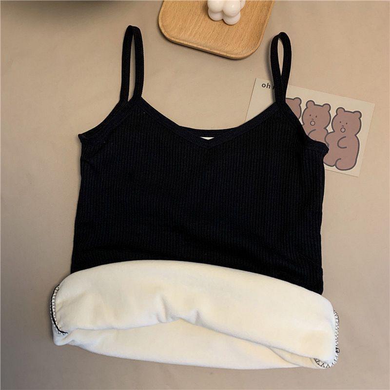 Winter Camisole Crop Top Women Plus Velvet Bralette Spaghetti Strap Corset Tank Top Winter Warm Thermal Vest Innerwear Bralets Yk2 Cami Black