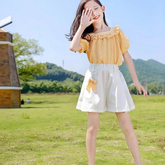 Girls Fashion Clothes Suit Short Sleeve Shirt Short Skirt 2-piece Suit Cartoon Girl Bowknot Cotton Children Clothes Suit
