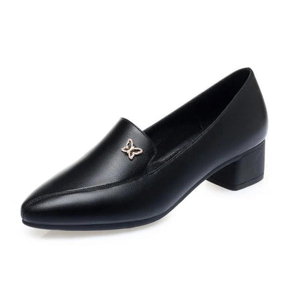 Women's Soft Leather Black Middle Heel Thick Heel Non-slip Mother Shoes Large Size Professional Leather Shoes