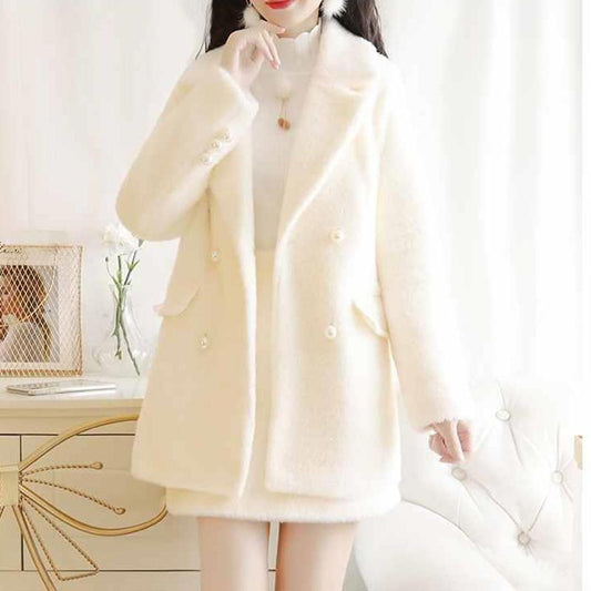 Fashionable Beaded Mink Fur Female Jacket Winter Fashion Skirt Suit