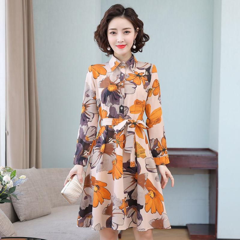 Women's retro floral dress spring long-sleeved a-line shirt dress OL Style Knee-length Dress Plus Size S-5XL