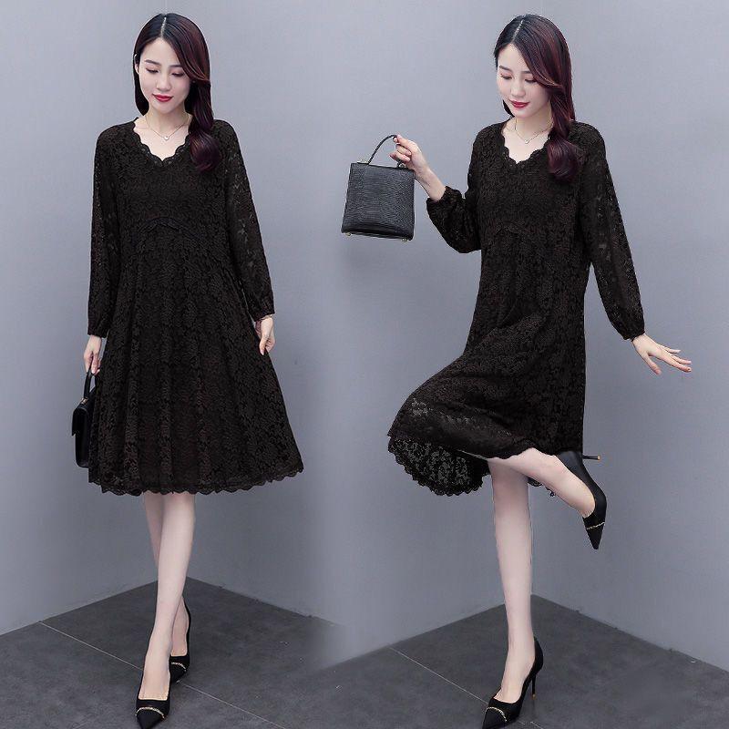Spring Summer Women's Plus Size Lace Dress Mid-length Long-sleeved A-line Skirt All-match V-neck Women's Dress