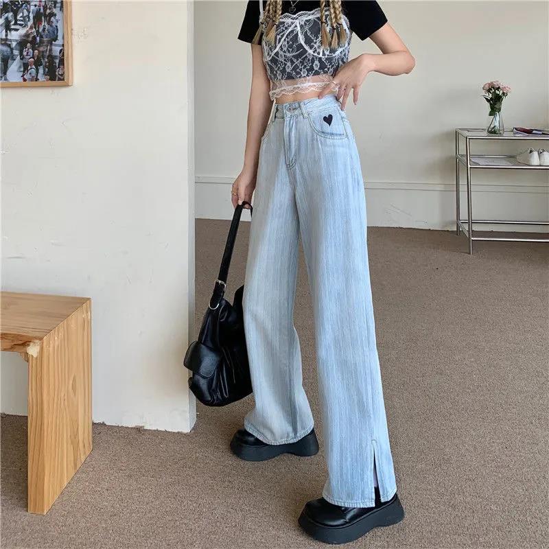 Retro Love Jeans Women's Autumn and Summer Ins High Waist Students Show Thin Slit Loose Straight Wide Leg Trousers