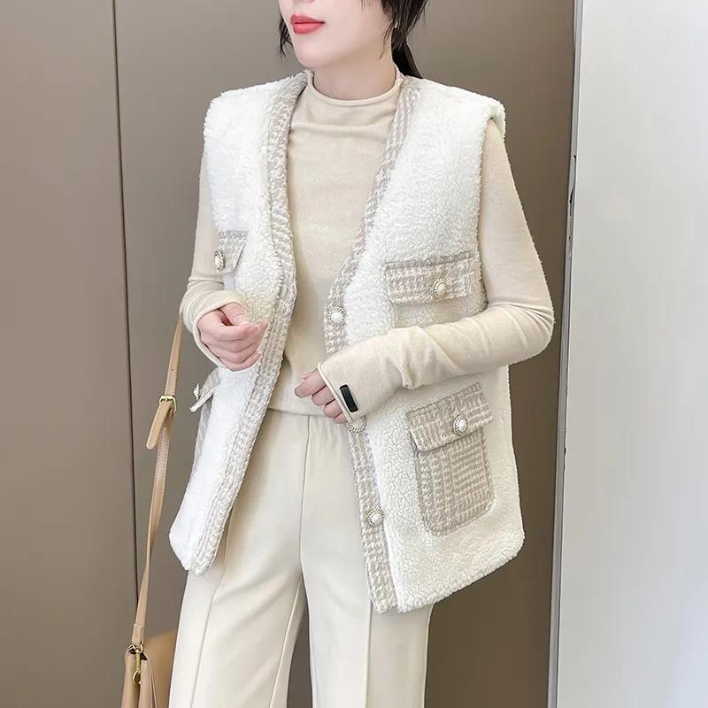 Lamb Wool Vest Women's Spring and Autumn Tweed Stitching Large Size Vest Fashion Jacket