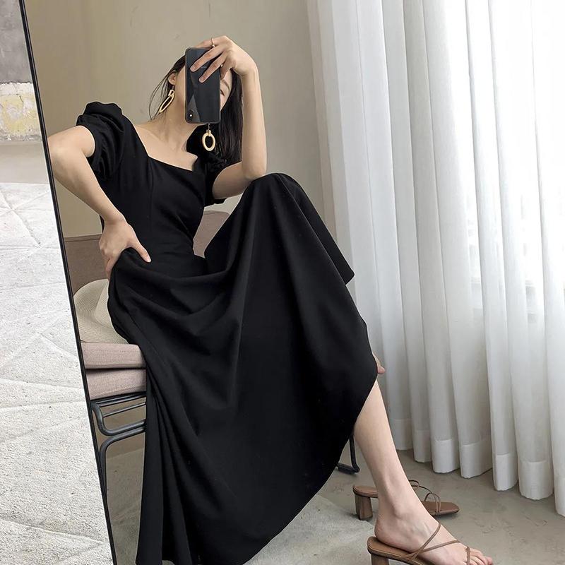 Sexy Black Woman Square Collar Puff Short Sleeves Mid-calf Dress Wedding Part