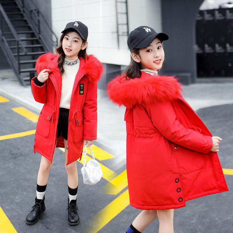 Fashion Girls Cotton Winter Thickening Plus Velvet Pike Clothing Mid-length Fur Collar Kids Winter Parkas