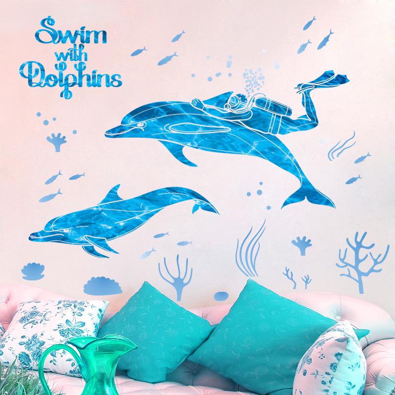 Dolphin Bathroom Bedroom Underwater World Wall Glass Decoration Green Removable Wall Sticker