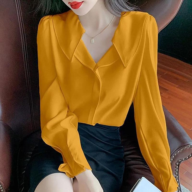 Women's Spring and Autumn Long Sleeve Shirt Chiffon Solid Color Top