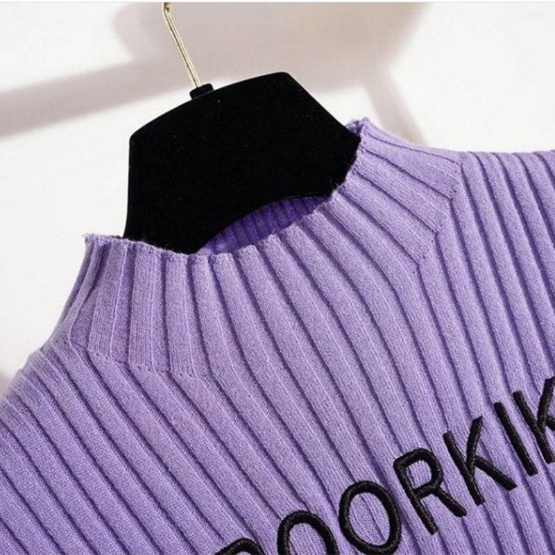 Pofulove Solid Color Neck Sweater  Half Turtleneck Lettering Sweater Knit Sweater Top Retro Slim