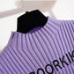 Pofulove Half Turtleneck Lettering Sweater Knit Sweater Top Retro Slim Long Sleeve Pullover