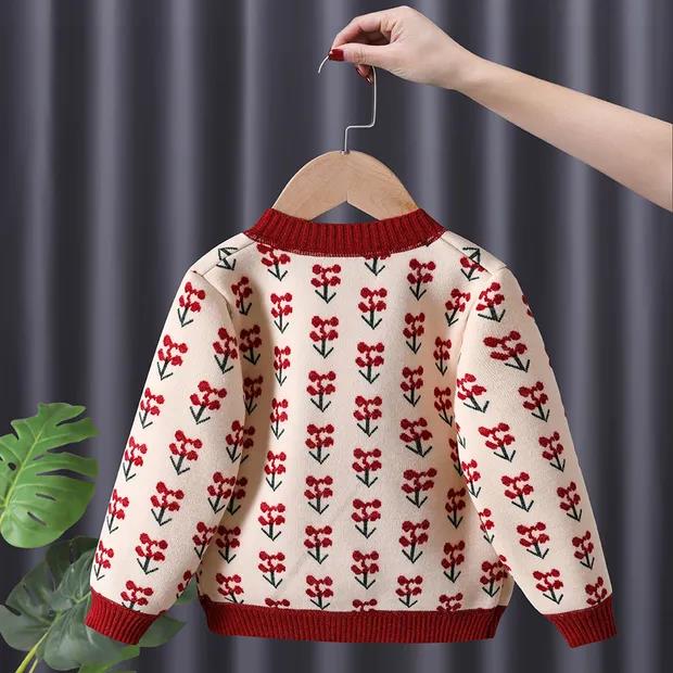 Girls' Baby Sweater Top Foreign Style Retro Elegant Digital Jacquard Knitted Cardigan Coat