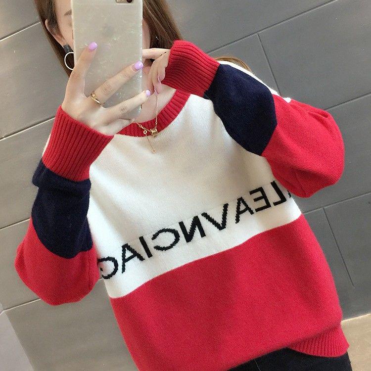 Pofulove Women's Color Block Knit Sweater Loose Long Sleeve O-Neck Pullover Sweater Jumper